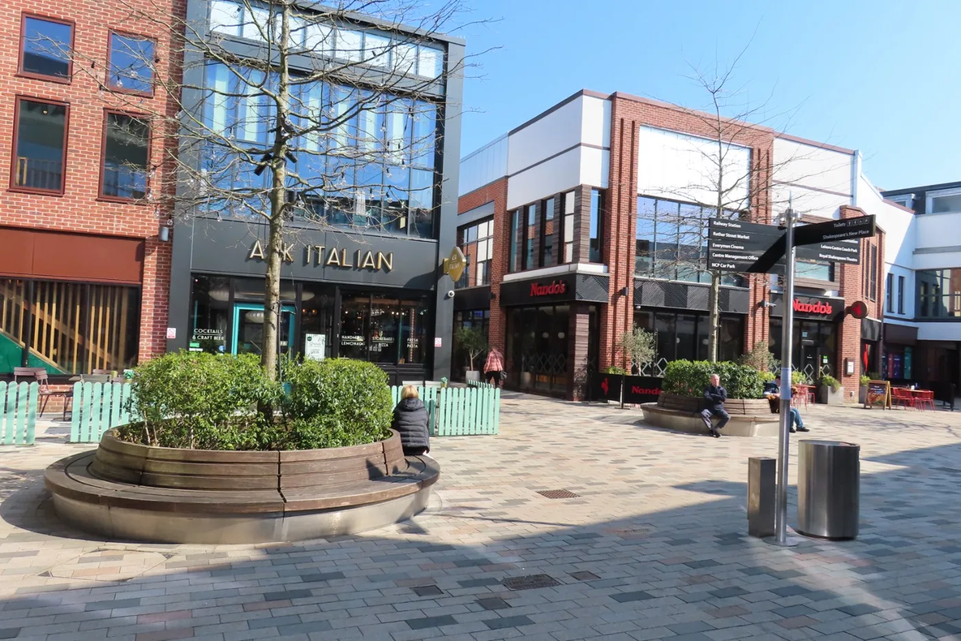 Bell Court shopping centre in April 2025. The Ivy has taken the former Debenhams building at the centre's High Street entrance; the restaurant itself is not shown.